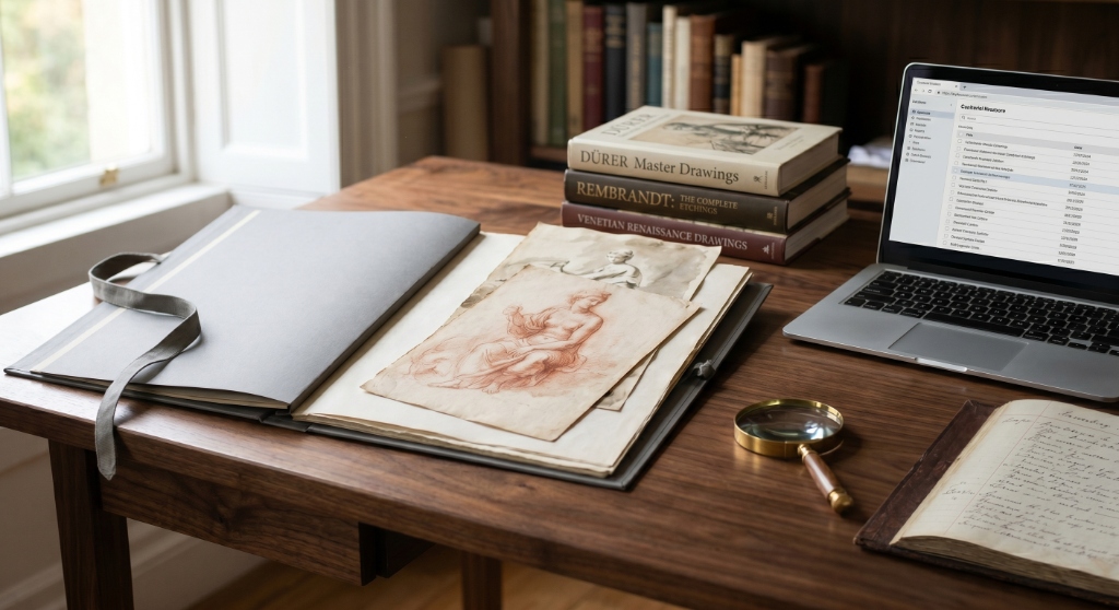 Dossier de dessins anciens, livres d'art de référence et loupe d'inventaire de collection